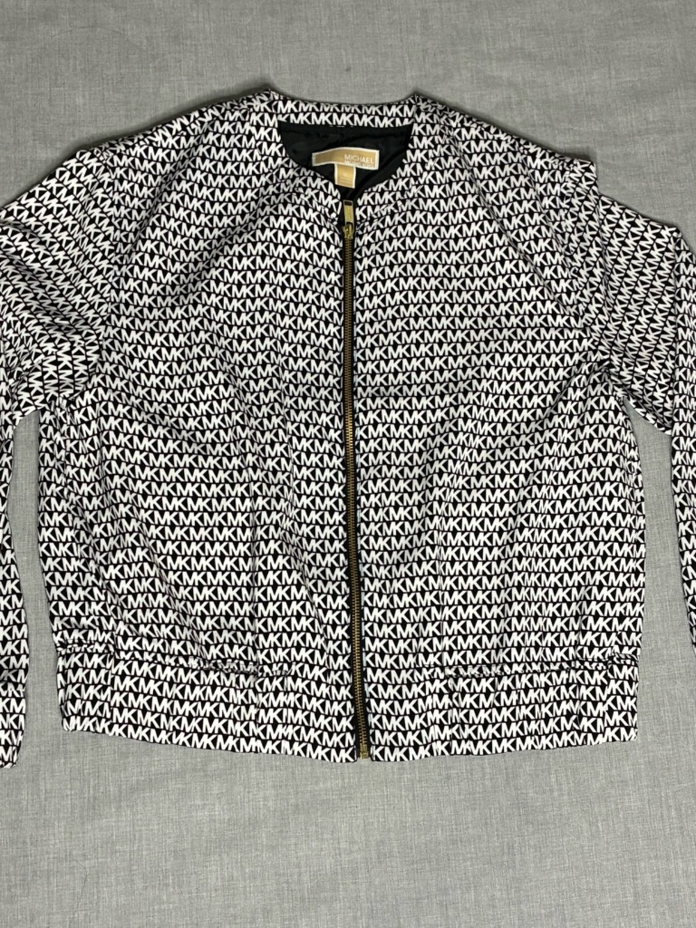 Michael Kors Black & White MK Monogram Zip Front Bomber Jacket